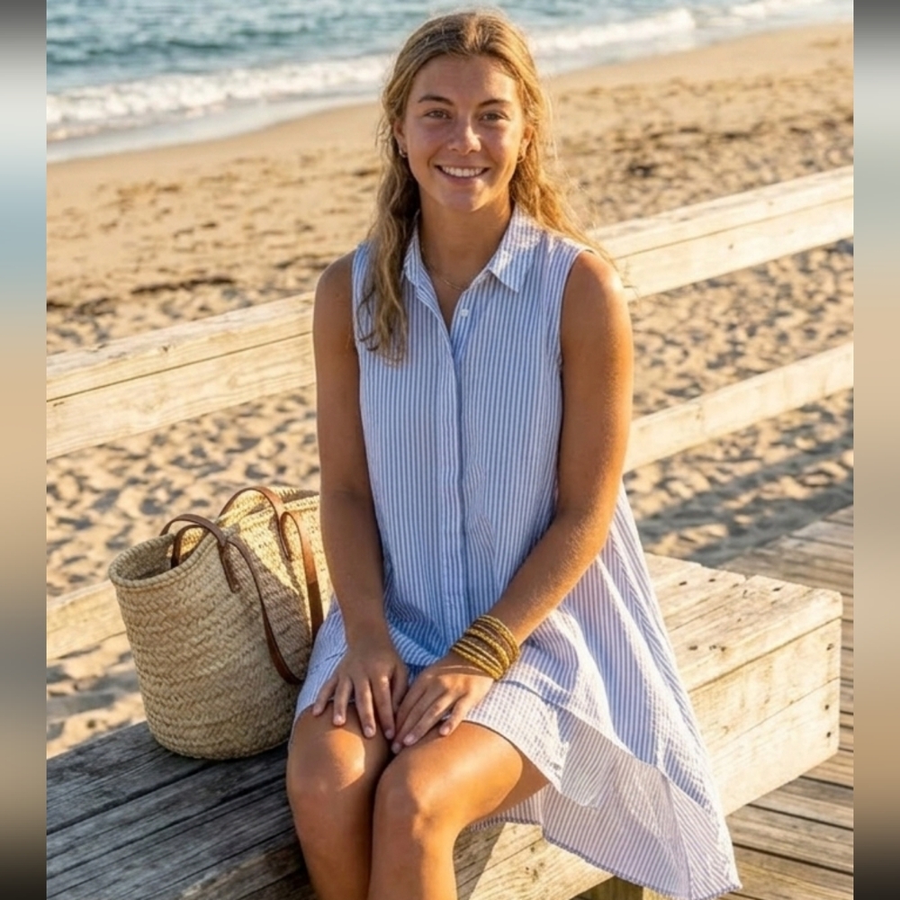 FOR CYNTHIA Blue White Striped Linen Blend Sleeveless High Low Sharkbite Tunic